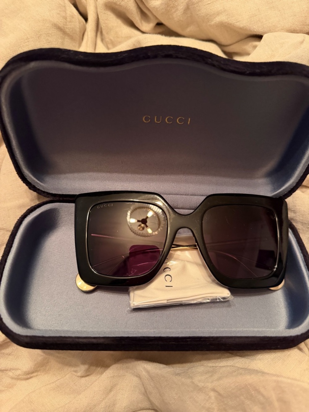 Gucci Oversized Black Square Women's Sunglasses with Subtle Gold Accents
